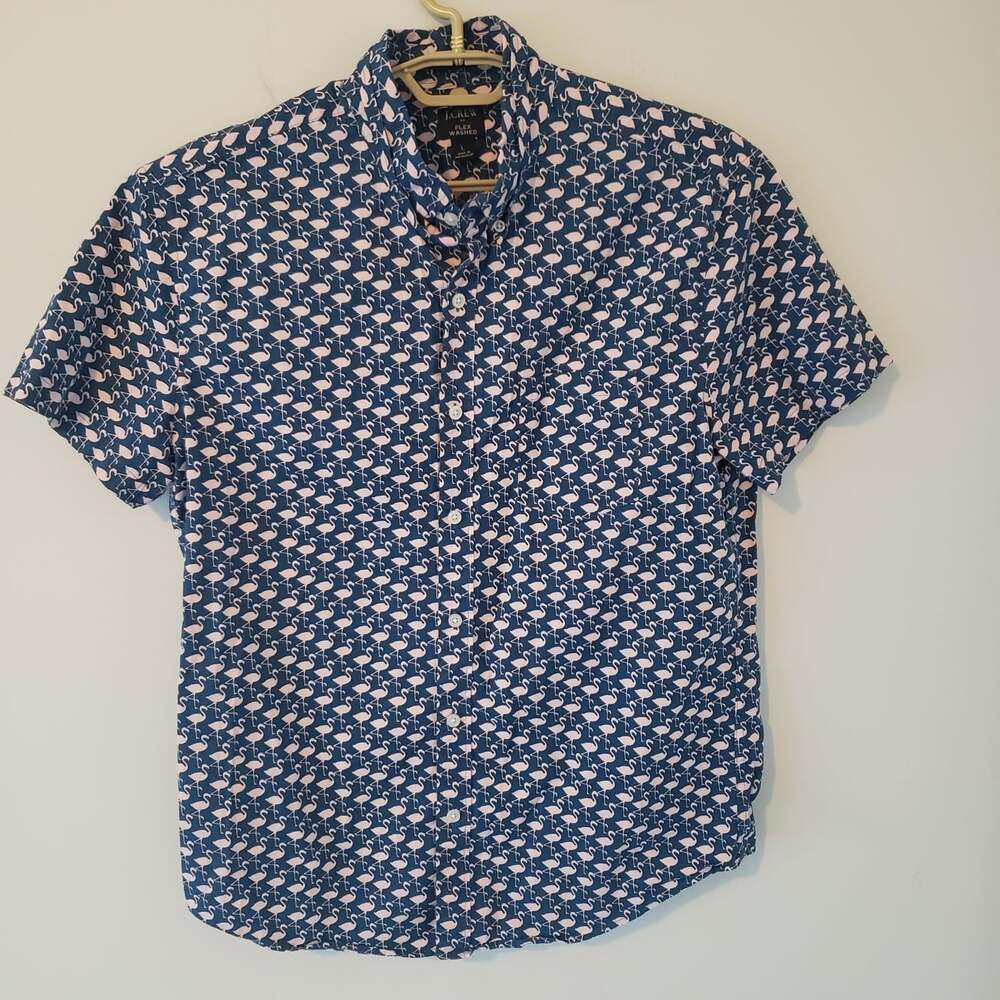 J Crew Shirt Mens Size Large Blue Pink Flamingo Button Up Short Sleeve Casual